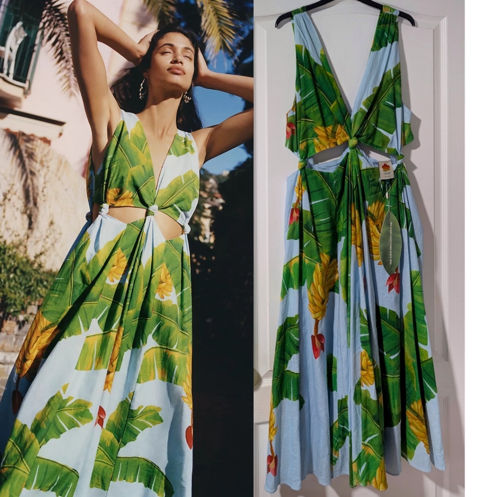 FARM Rio Blue Midi Dress with Green Banana Leaf & Yellow Floral Print